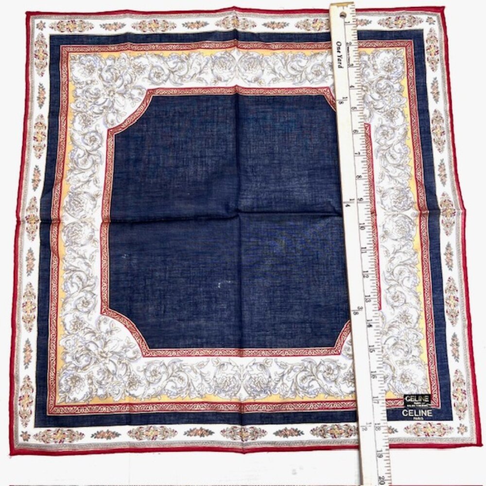 New Celine Paris MiniScarf/Handker cotton 19" blue gray gold metalic red Trim(64 - Picture 6 of 6